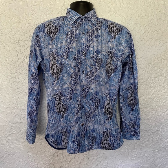Visconti Black Men’s Button Down Shirt Size Small Blue Pattern Long Sleeve - Picture 2 of 7